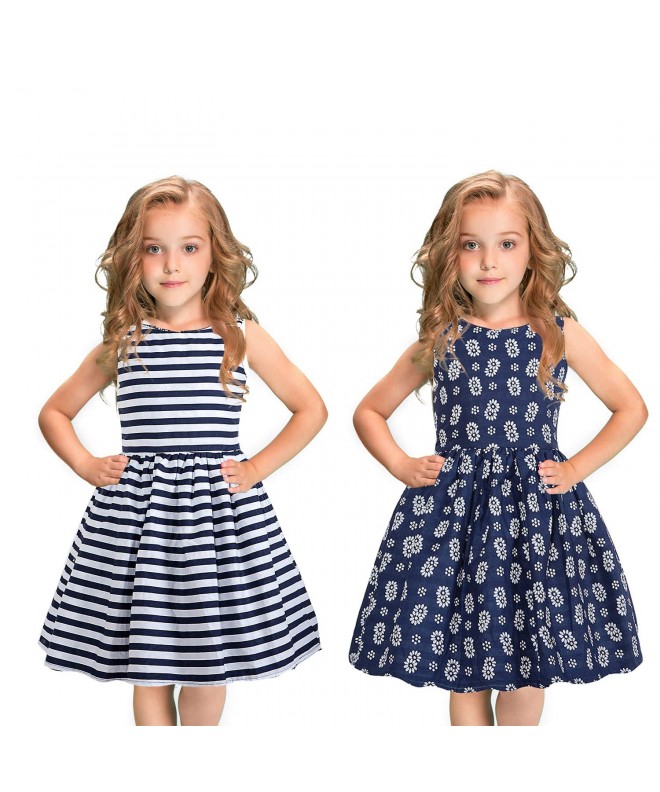 Girls Casual Dress Vintage Cotton Floral Dress Striped Print Party Sleeveless